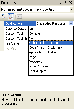 Change javascript file BuildAction property to Embedded Resource
